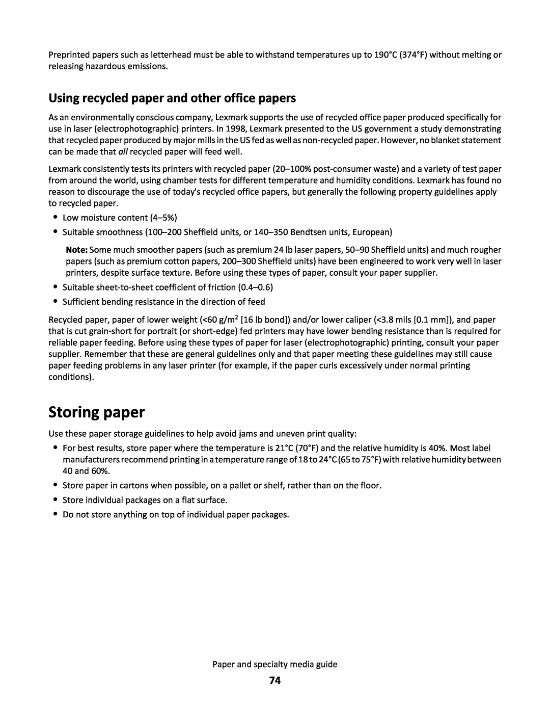 Lexmark C790 manual Storing paper, Using recycled paper and other office papers 