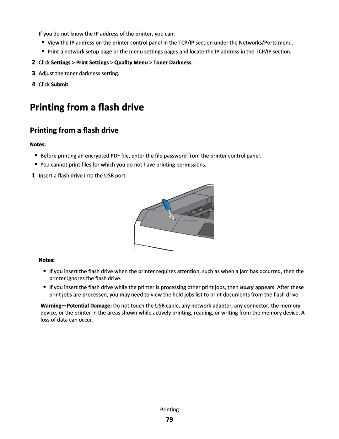 Lexmark C790 manual Printing from a flash drive, Click Settings Print Settings Quality Menu Toner Darkness 