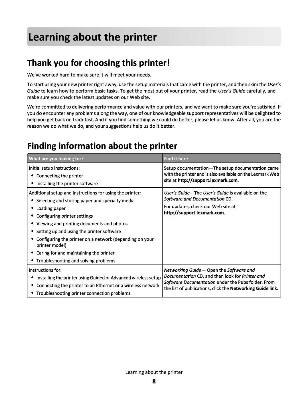 Lexmark C790 manual Learning about theprinter, Thank you for choosing this printer, Finding information about the printer 