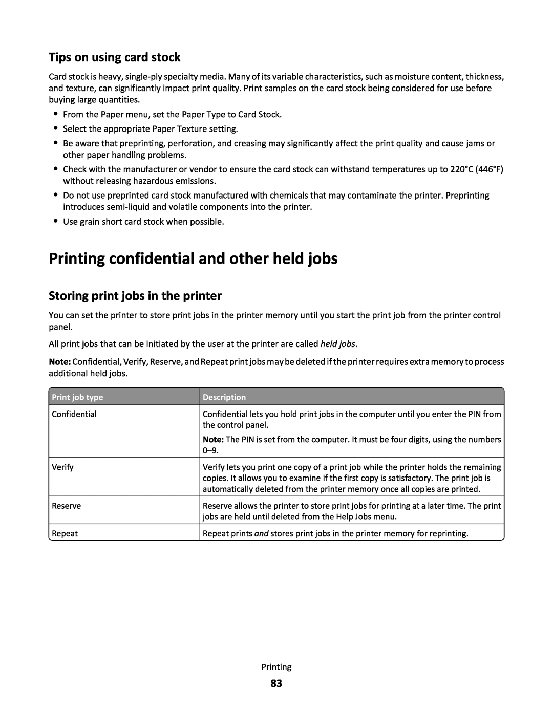 Lexmark C790 manual Printing confidential and other held jobs, Tips on using card stock, Storing print jobs in the printer 