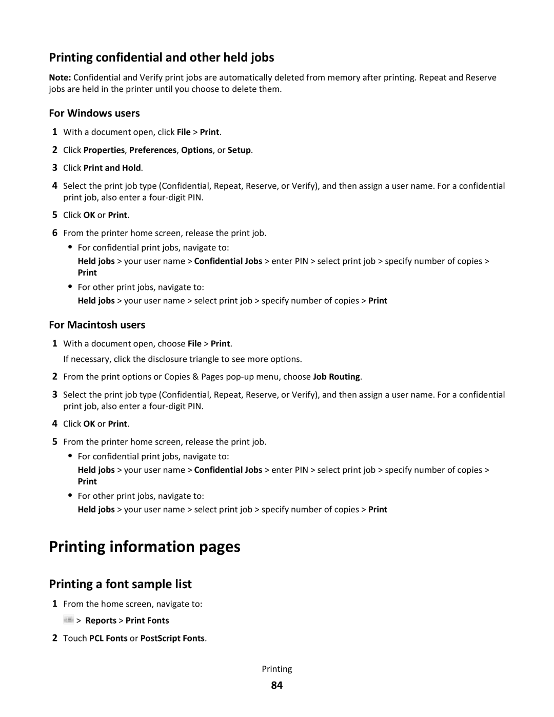 Lexmark C790 manual Printing information pages, Printing confidential and other held jobs, Printing a font sample list 