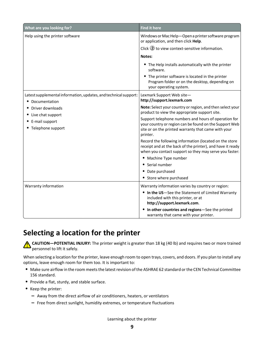 Lexmark C790 manual Selecting a location for the printer 