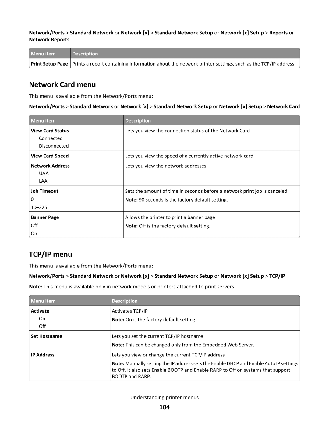 Lexmark C790 manual Network Card menu, TCP/IP menu, 104 