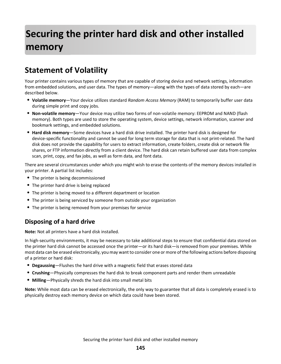 Lexmark C790 manual Statement of Volatility, Disposing of a hard drive, 145 