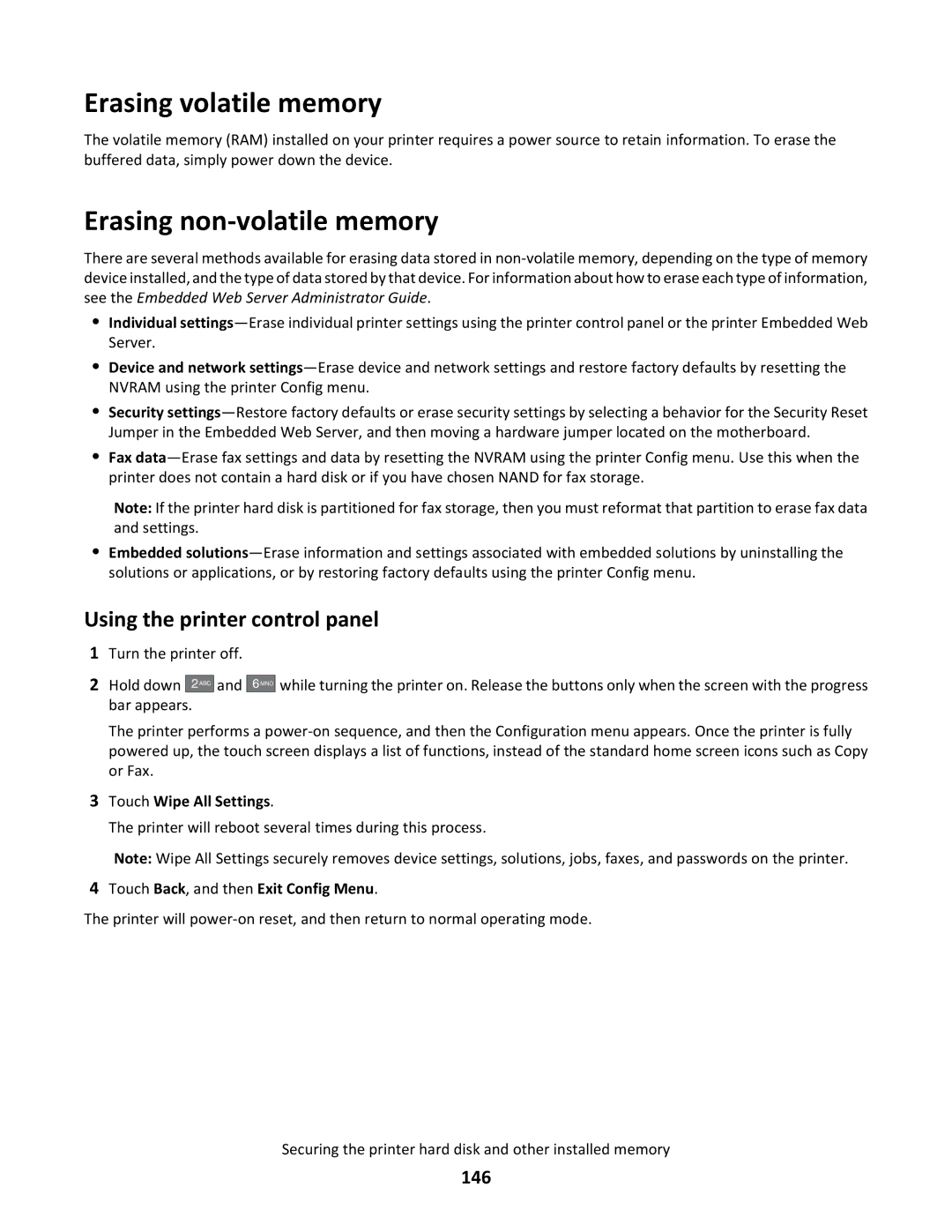 Lexmark C790 manual Erasing volatile memory, Erasing non-volatile memory, Using the printer control panel, 146 