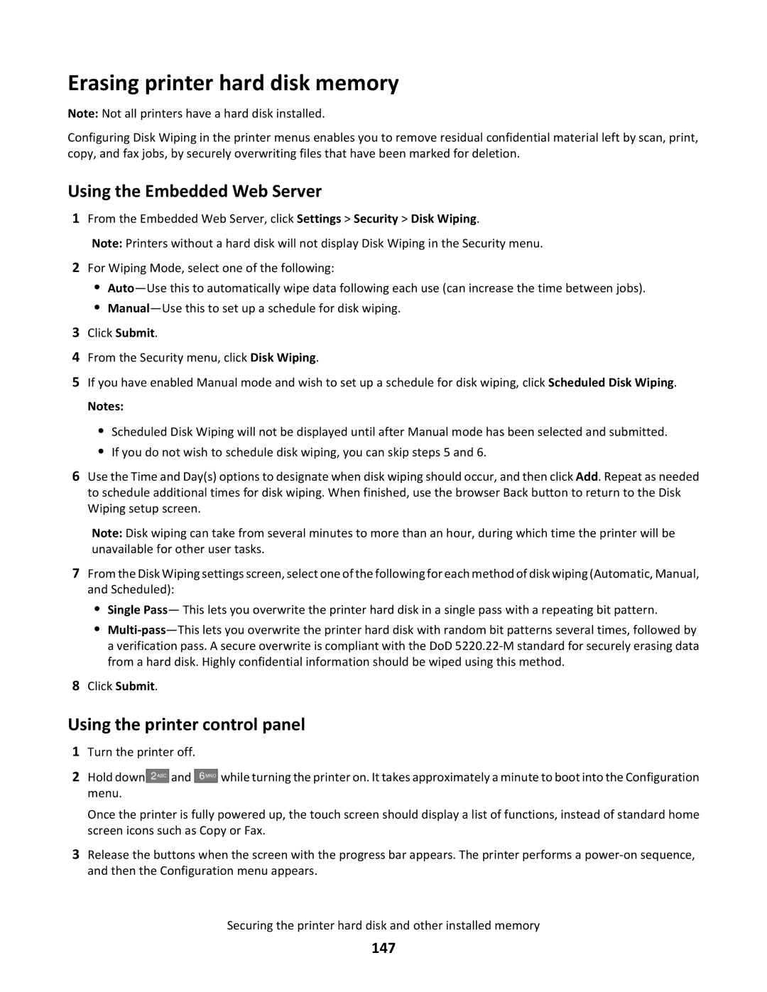 Lexmark C790 manual Erasing printer hard disk memory, Using the Embedded Web Server, 147 