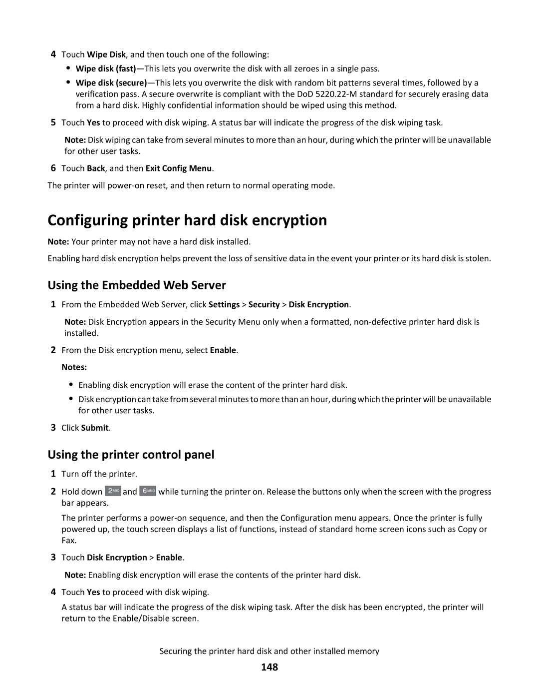 Lexmark C790 manual Configuring printer hard disk encryption, 148, Touch Disk Encryption Enable 