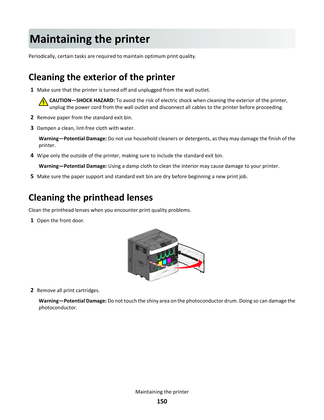 Lexmark C790 manual Maintainin g the printer, Cleaning the exterior of the printer, Cleaning the printhead lenses, 150 