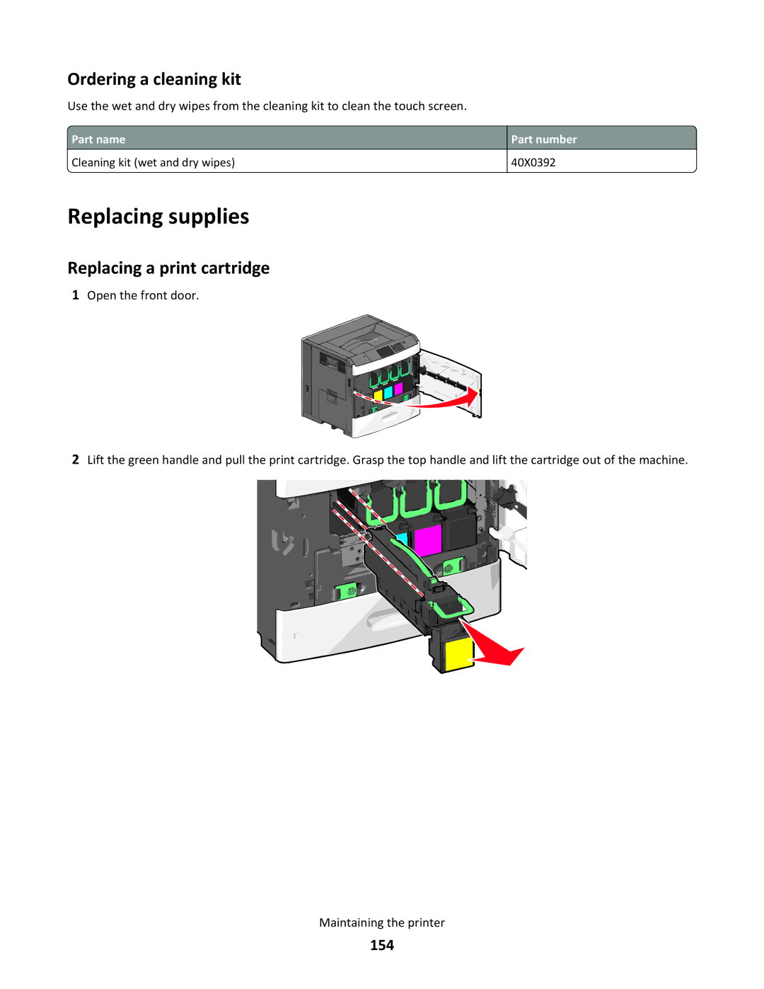 Lexmark C790 manual Replacing supplies, Ordering a cleaning kit, Replacing a print cartridge, 154 