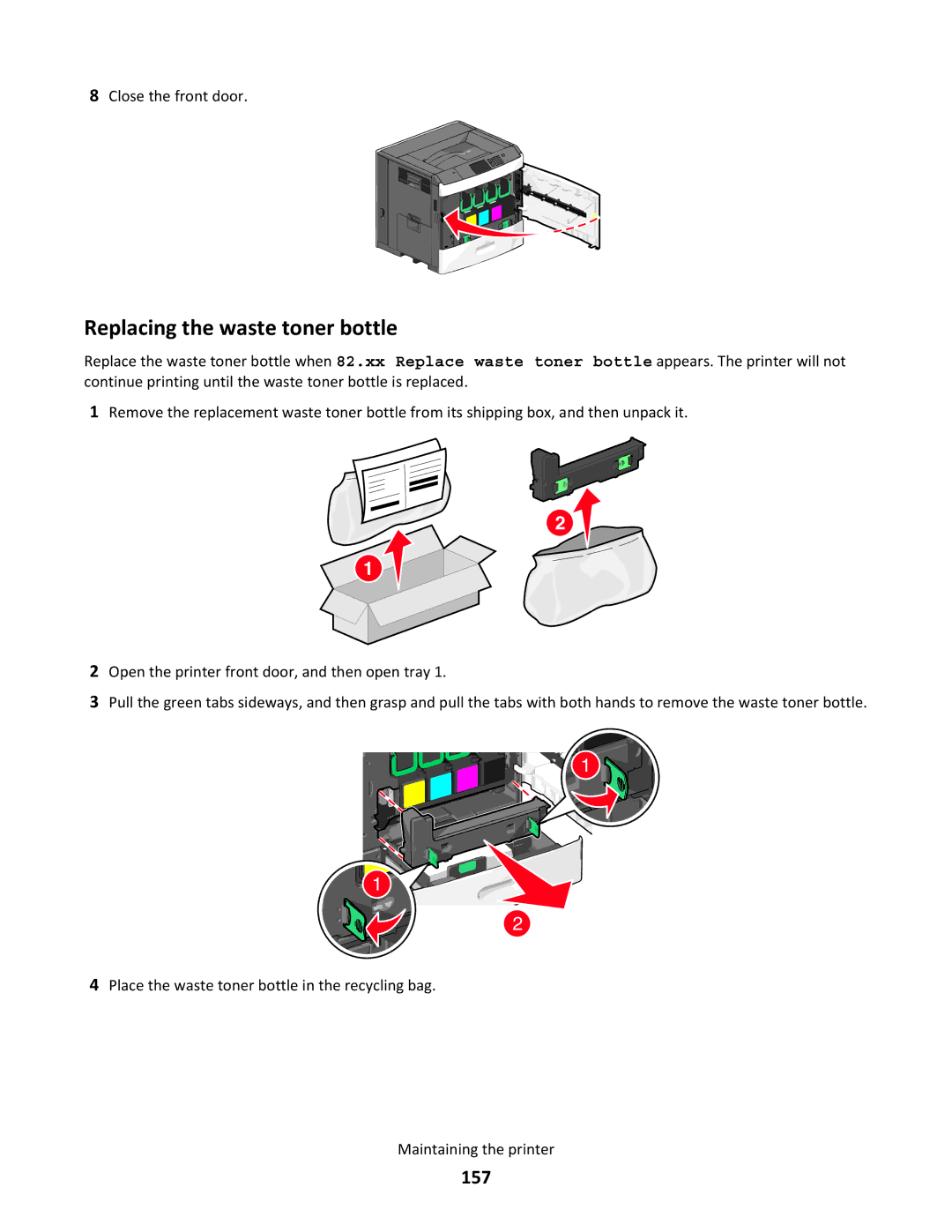 Lexmark C790 manual Replacing the waste toner bottle, 157 