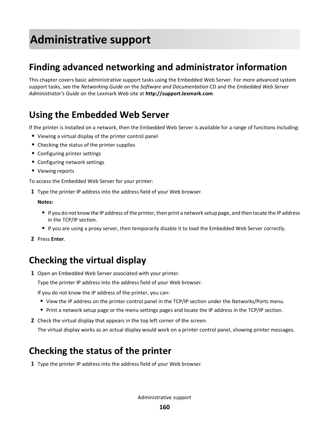 Lexmark C790 manual Adminis tra tive support, Finding advanced networking and administrator information 