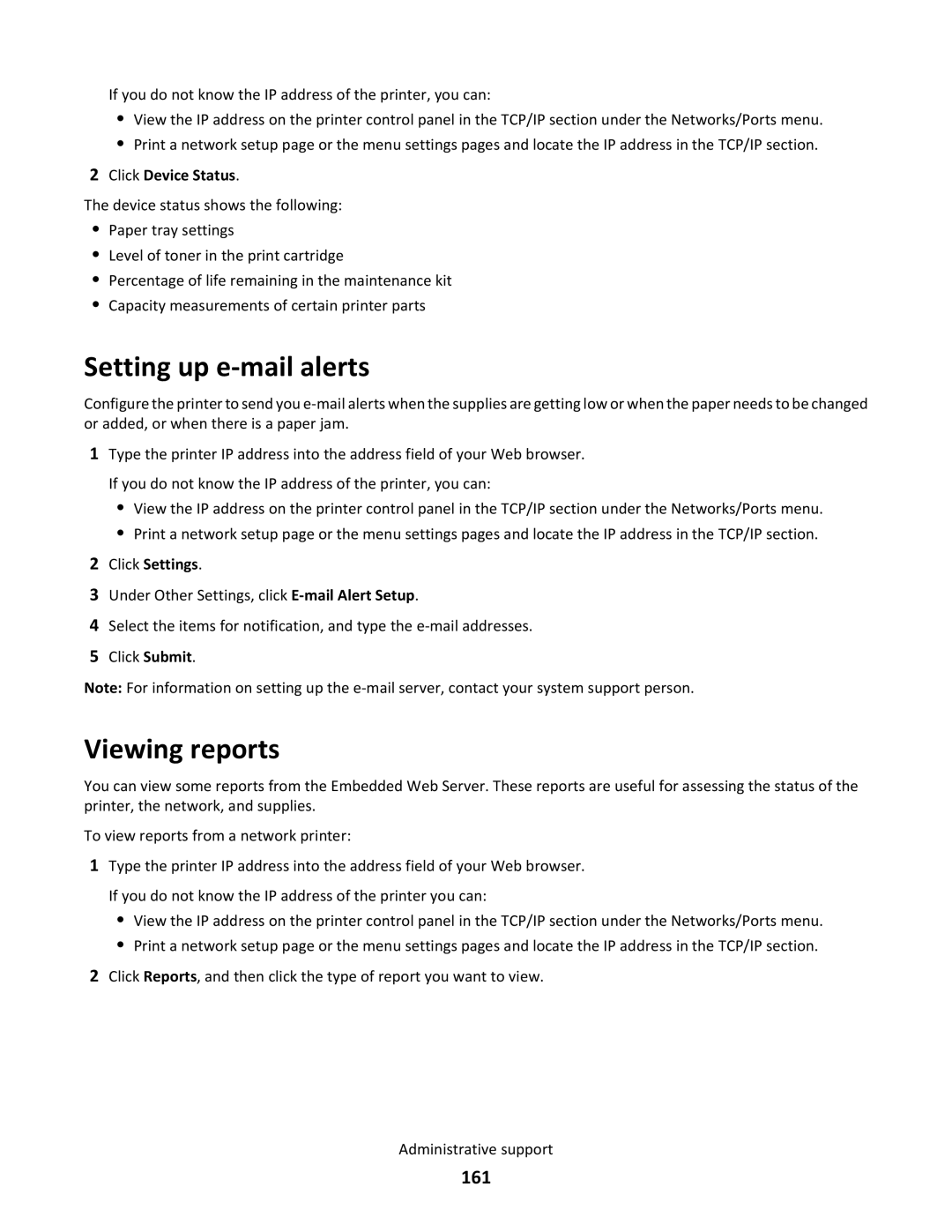 Lexmark C790 manual Setting up e-mail alerts, Viewing reports, 161, Click Settings 