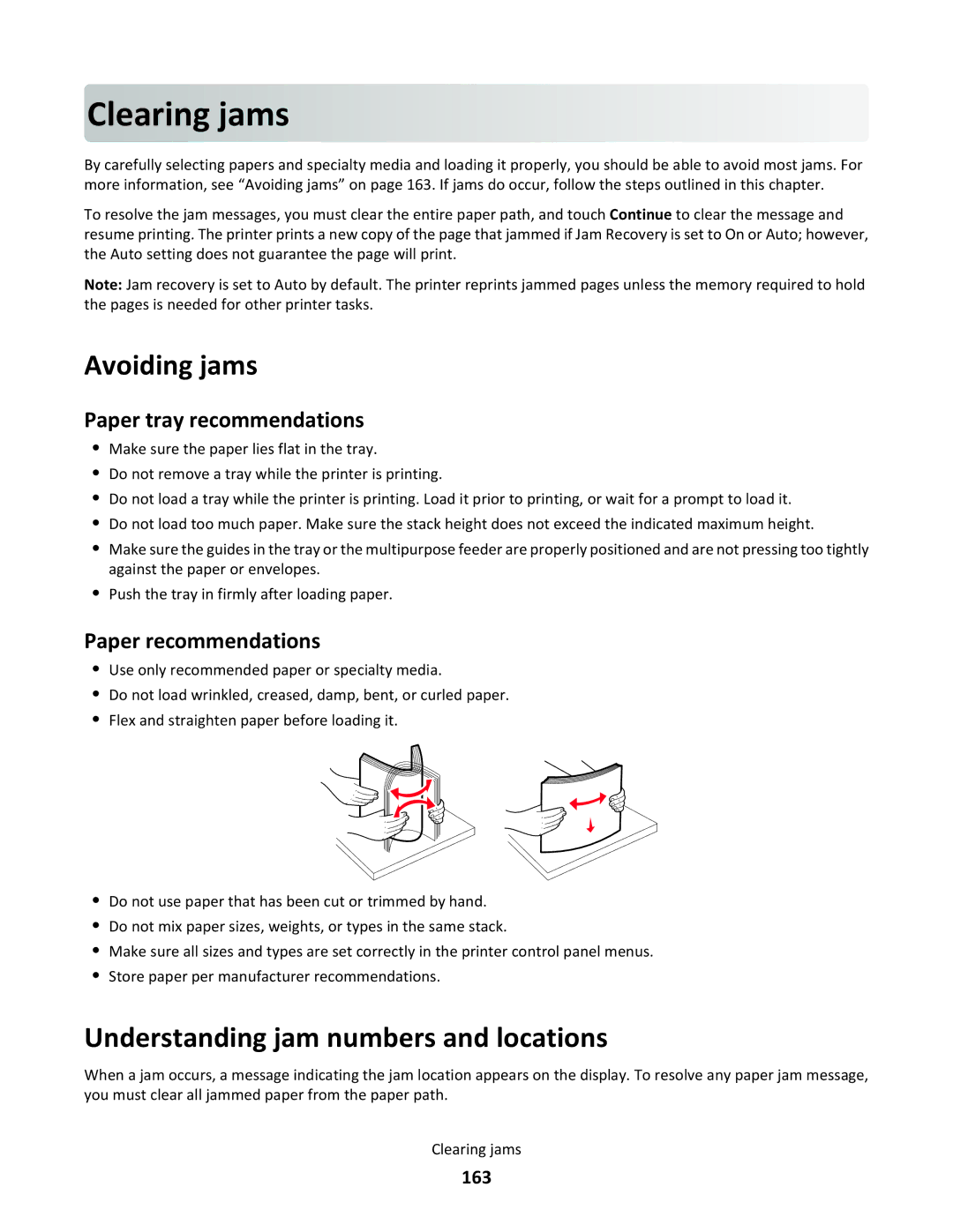 Lexmark C790 manual Cleari ng jams, Avoiding jams, Understanding jam numbers and locations, Paper tray recommendations 