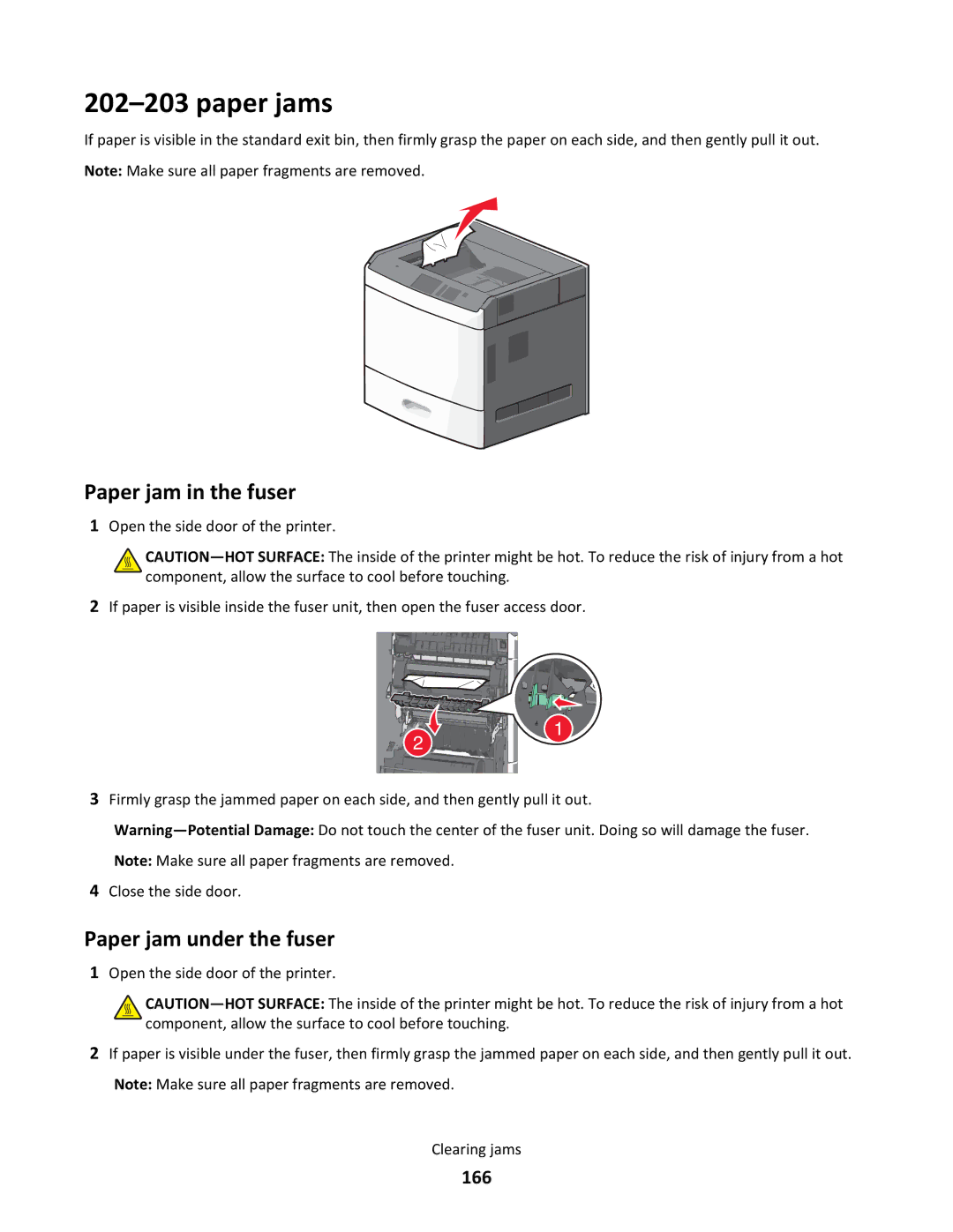 Lexmark C790 manual Paper jams, Paper jam in the fuser, Paper jam under the fuser, 166 