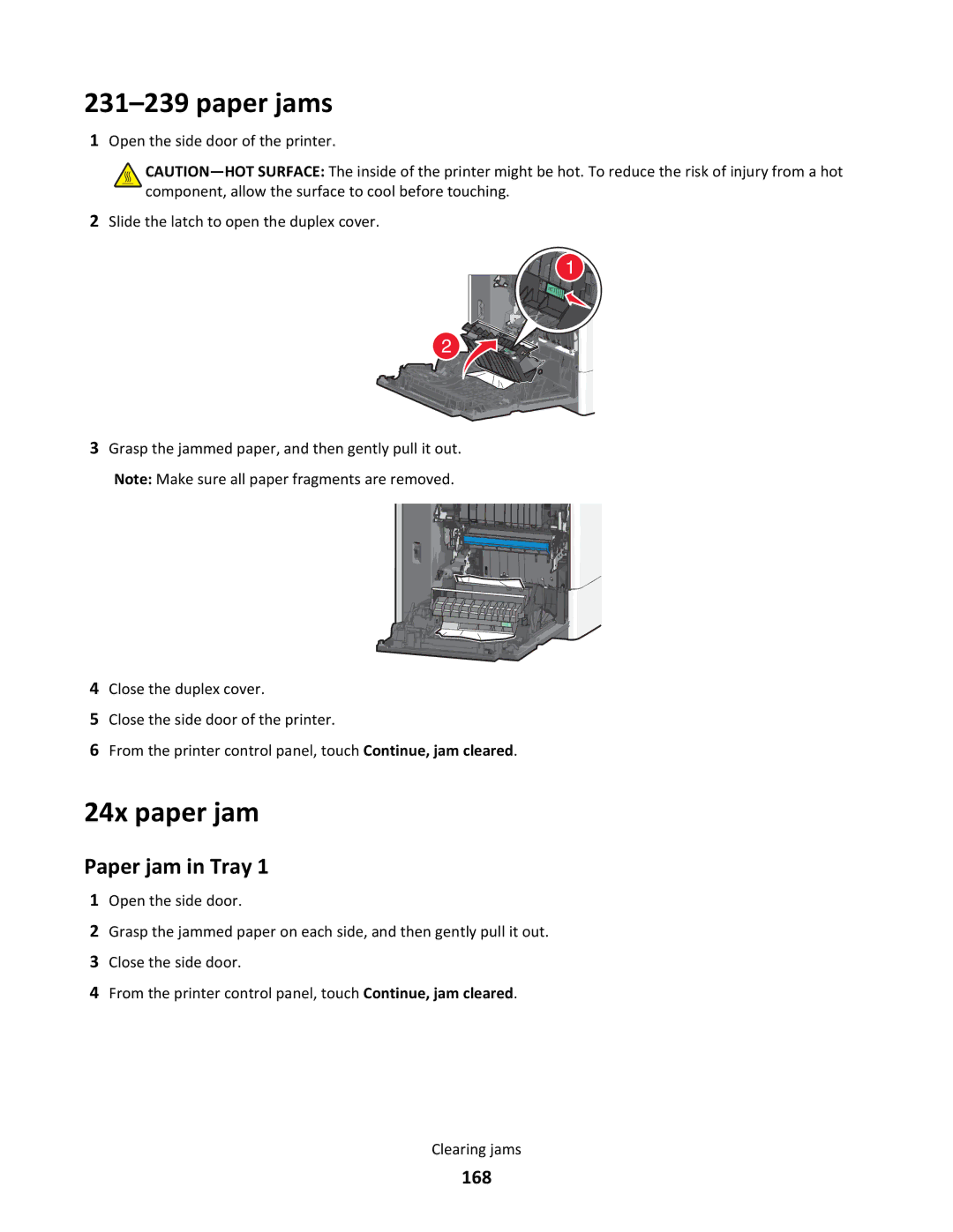 Lexmark C790 manual 24x paper jam, Paper jam in Tray, 168 