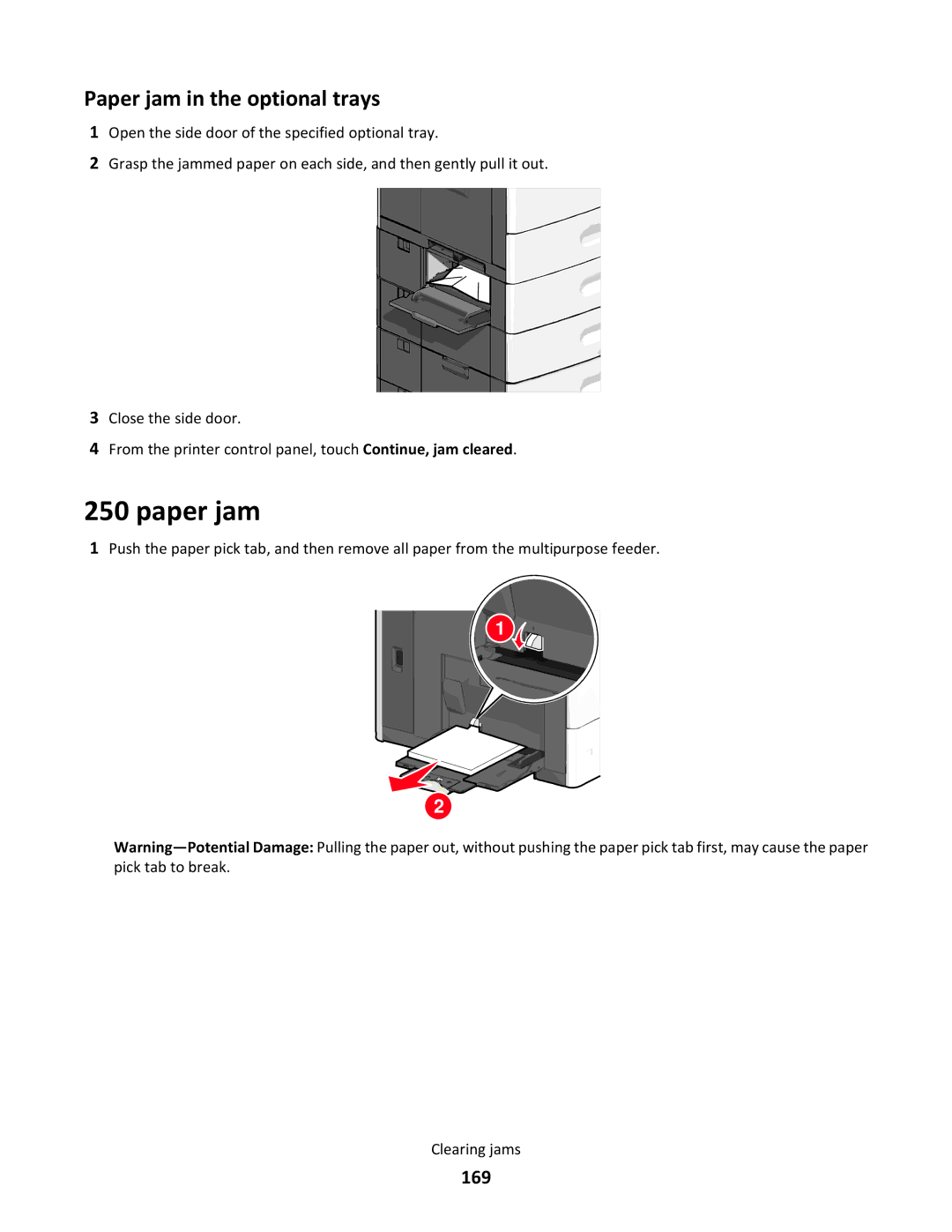 Lexmark C790 manual Paper jam in the optional trays, 169 