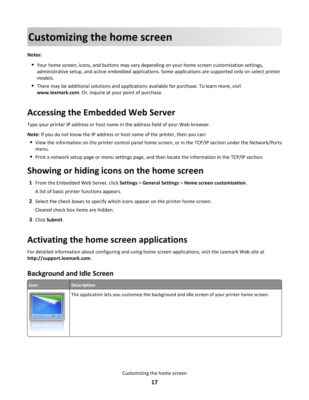 Lexmark C790 Custo miz in g the home s c reen, Accessing the Embedded Web Server, Activating the home screen applications 