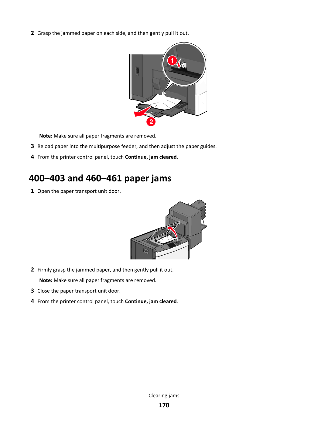 Lexmark C790 manual paper jams, 170 