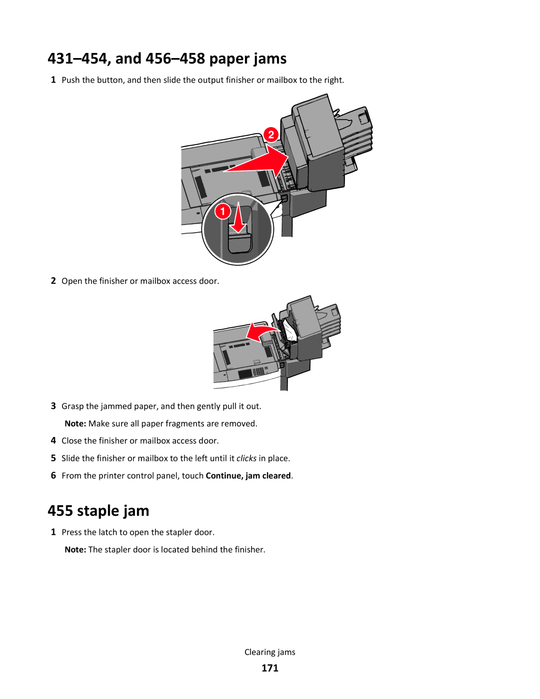 Lexmark C790 manual 431-454, and 456-458 paper jams, Staple jam, 171 