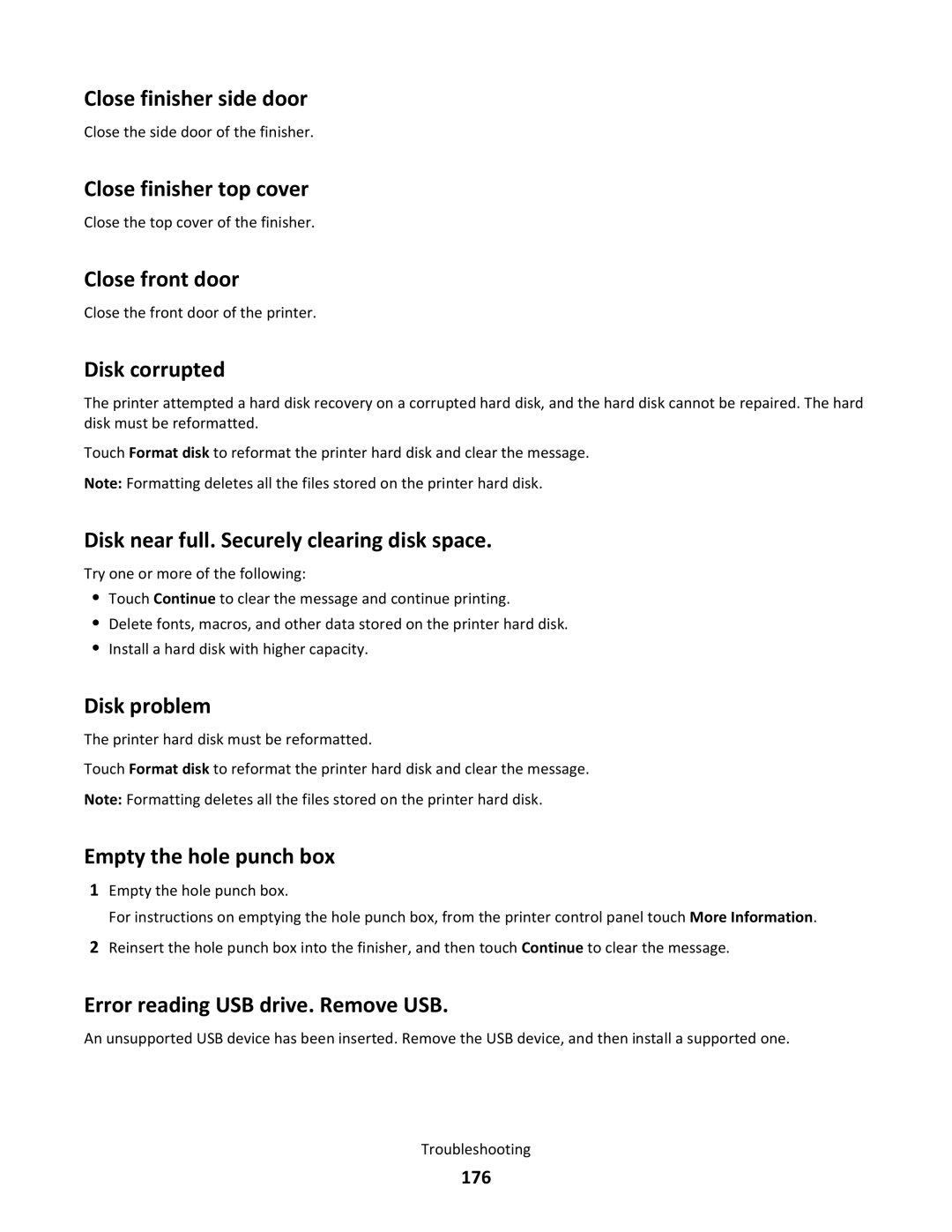 Lexmark C790 manual Close finisher side door, Close finisher top cover, Close front door, Disk corrupted, Disk problem 