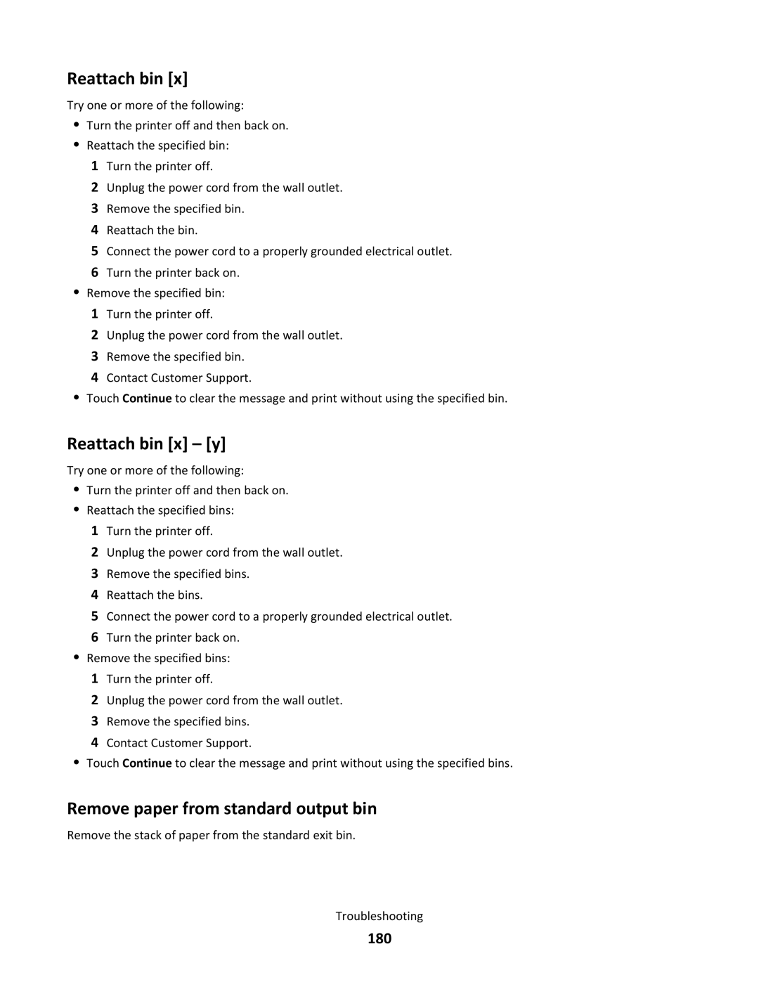 Lexmark C790 manual Reattach bin x y, Remove paper from standard output bin, 180 