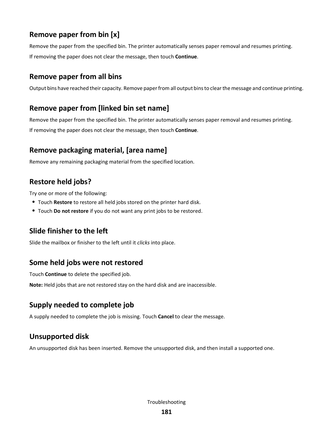 Lexmark C790 Remove paper from bin, Remove paper from all bins, Remove paper from linked bin set name, Restore held jobs? 