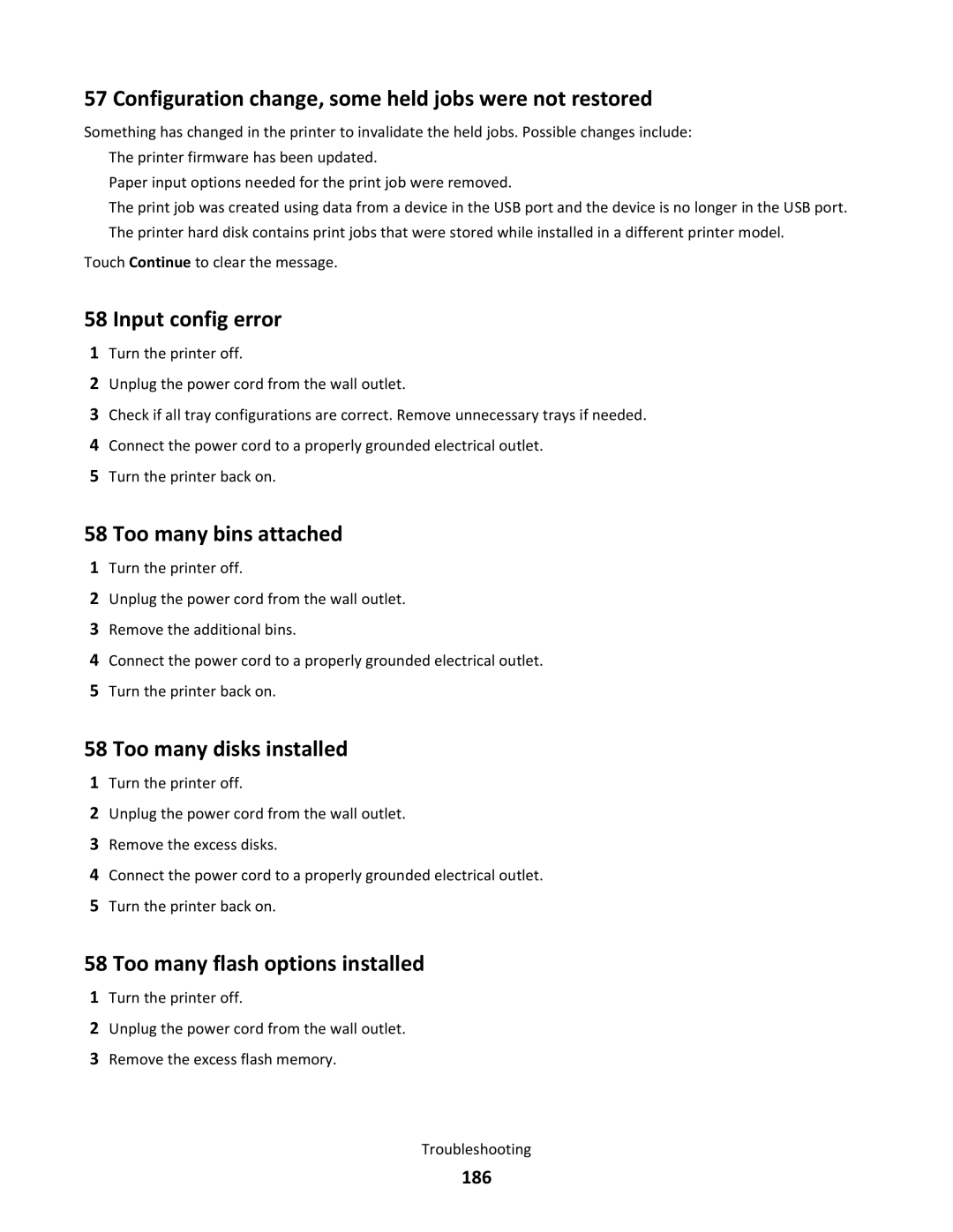 Lexmark C790 manual Configuration change, some held jobs were not restored, Input config error, Too many bins attached 