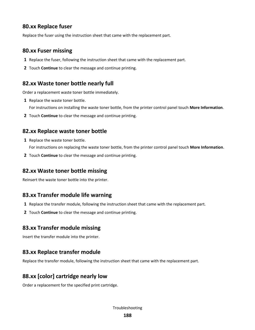 Lexmark C790 manual Xx Replace fuser, Xx Fuser missing, Xx Waste toner bottle nearly full, Xx Replace waste toner bottle 