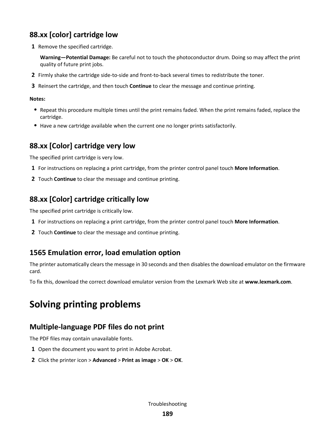 Lexmark C790 manual Solving printing problems, Xx color cartridge low, Xx Color cartridge very low 