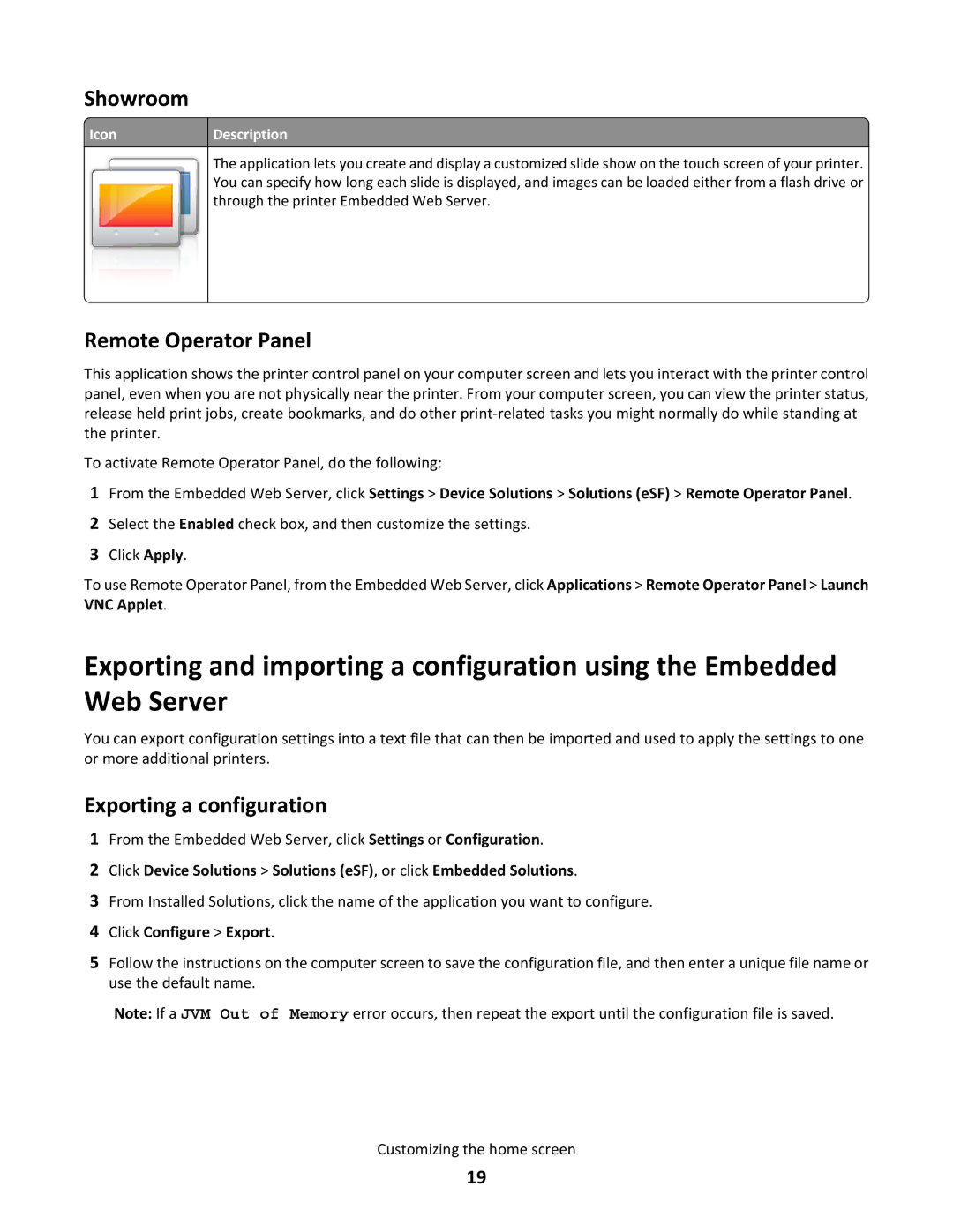 Lexmark C790 manual Showroom, Remote Operator Panel, Exporting a configuration, Click Configure Export 