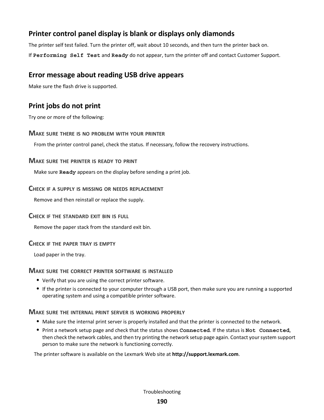 Lexmark C790 manual Error message about reading USB drive appears, Print jobs do not print, 190 