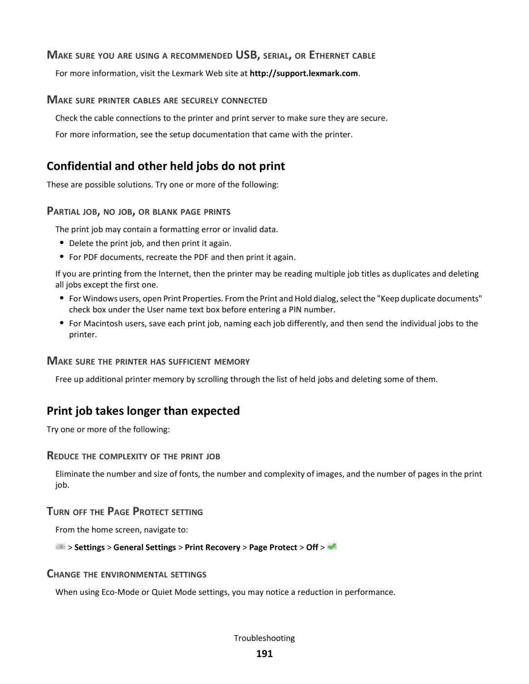 Lexmark C790 manual Confidential and other held jobs do not print, Print job takes longer than expected, 191 