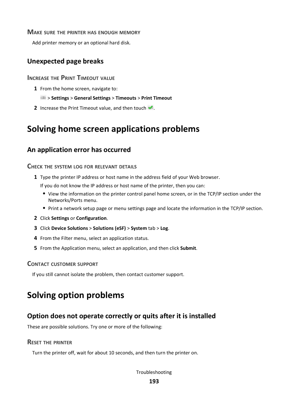 Lexmark C790 manual Solving home screen applications problems, Solving option problems, Unexpected page breaks, 193 