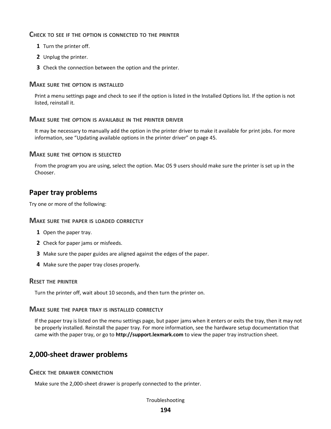 Lexmark C790 manual Paper tray problems, Sheet drawer problems, 194 