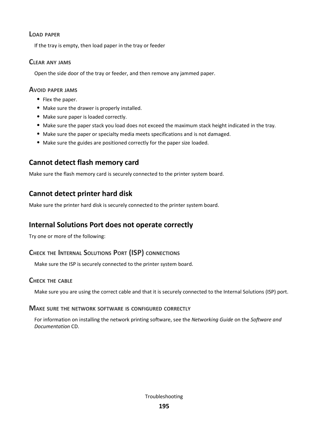 Lexmark C790 manual Cannot detect flash memory card, Cannot detect printer hard disk, 195 