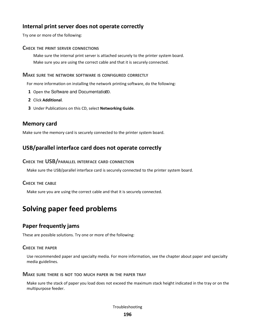 Lexmark C790 manual Solving paper feed problems, Internal print server does not operate correctly, Memory card 