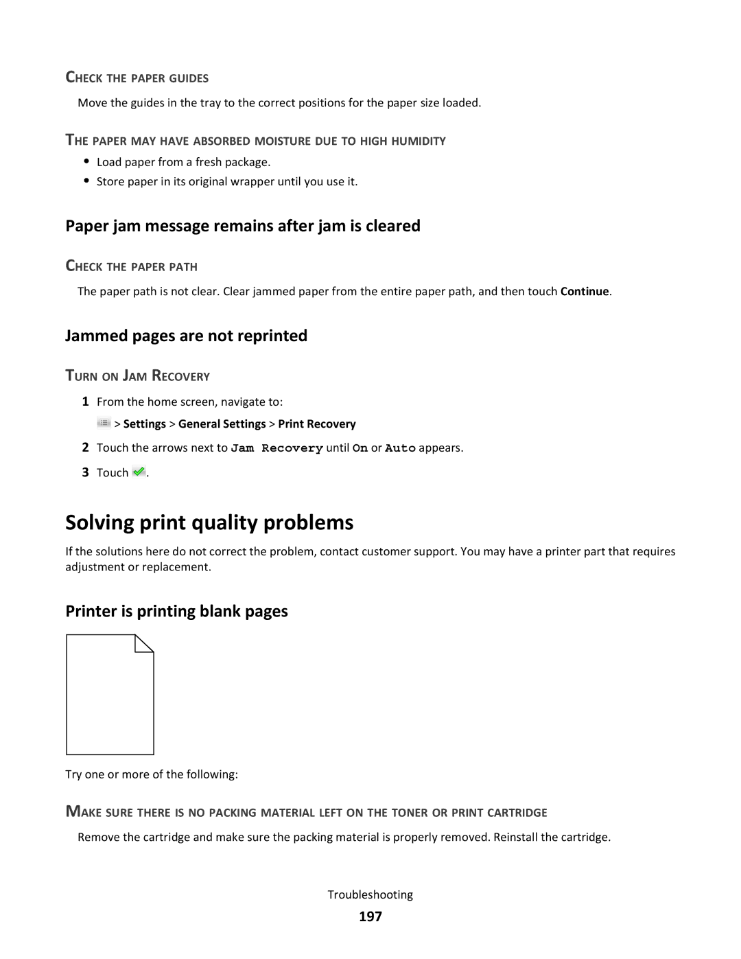 Lexmark C790 manual Solving print quality problems, Paper jam message remains after jam is cleared, 197 