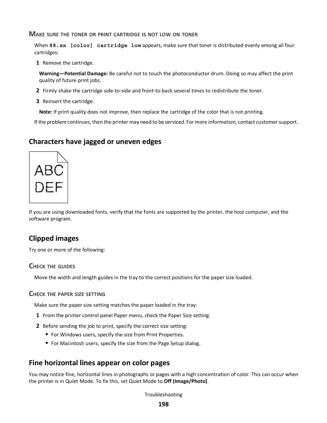 Lexmark C790 Characters have jagged or uneven edges, Clipped images, Fine horizontal lines appear on color pages, 198 