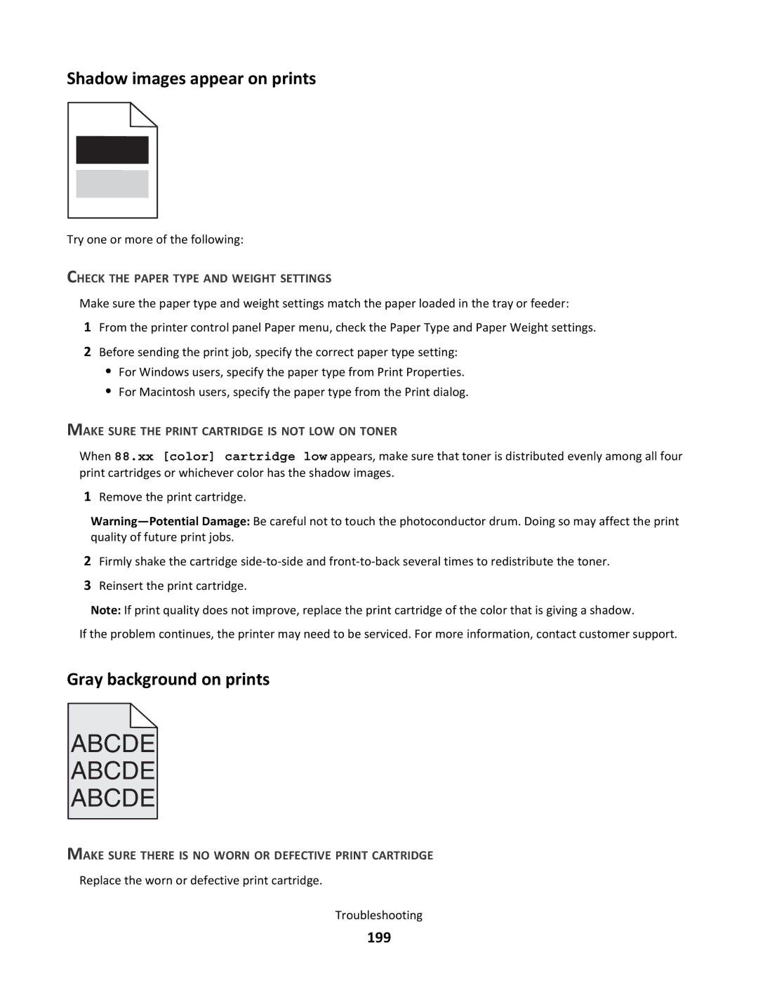 Lexmark C790 manual Shadow images appear on prints, Gray background on prints, 199 