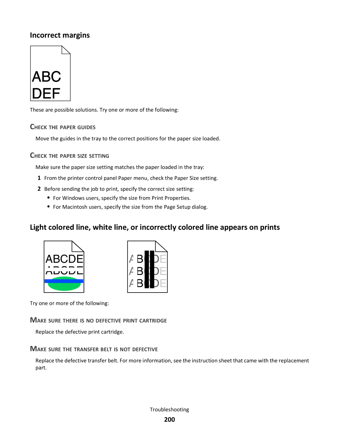 Lexmark C790 manual Incorrect margins, 200, Make Sure There is no Defective Print Cartridge 