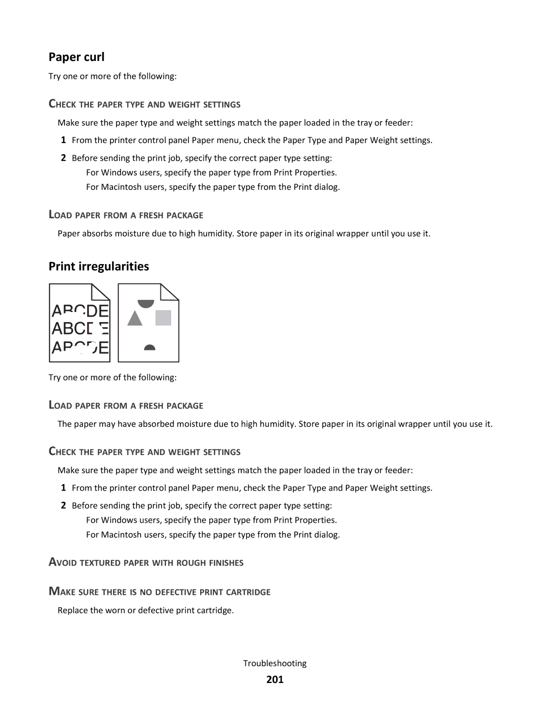 Lexmark C790 manual Paper curl, Print irregularities, 201, Load Paper from a Fresh Package 