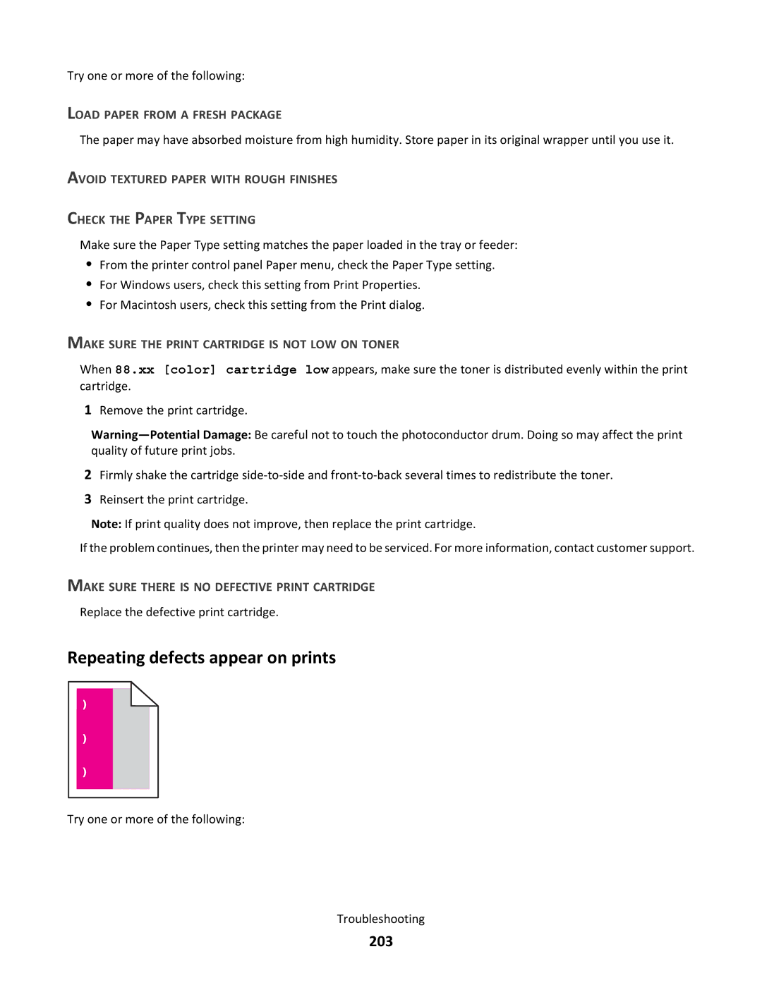 Lexmark C790 manual Repeating defects appear on prints, 203 