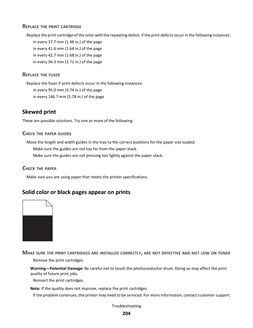 Lexmark C790 manual Skewed print, Solid color or black pages appear on prints, 204, Replace the Print Cartridge 