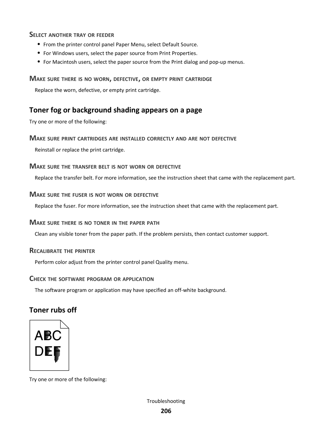 Lexmark C790 manual Toner fog or background shading appears on a, Toner rubs off, 206 