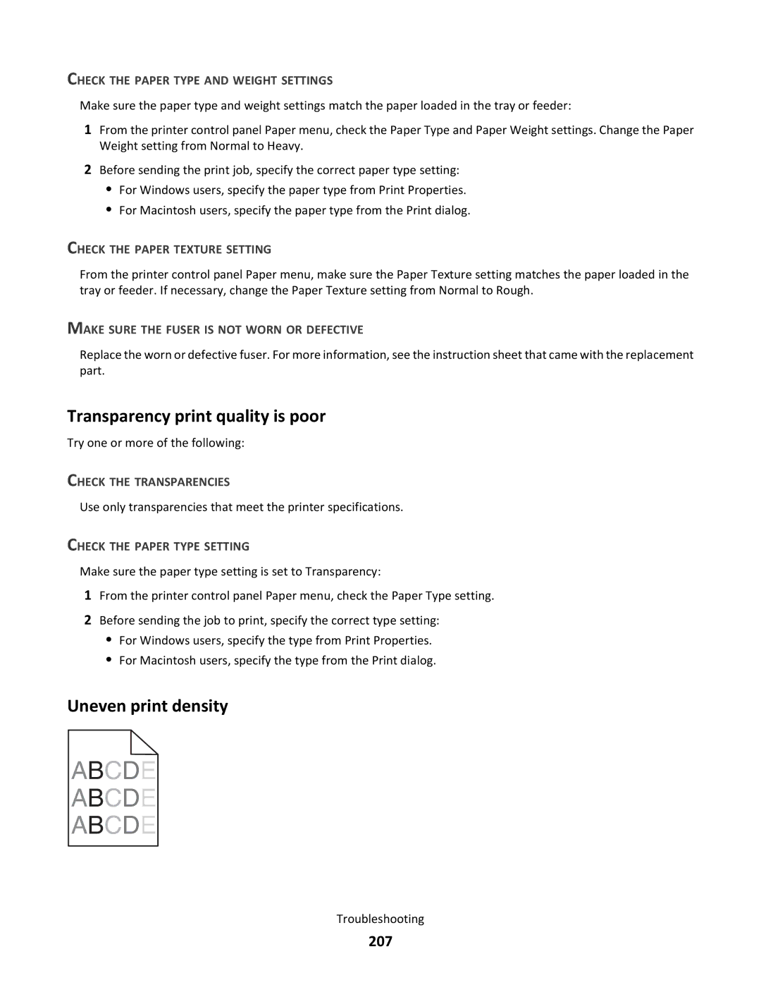 Lexmark C790 manual Transparency print quality is poor, Uneven print density, 207, Check the Paper Texture Setting 