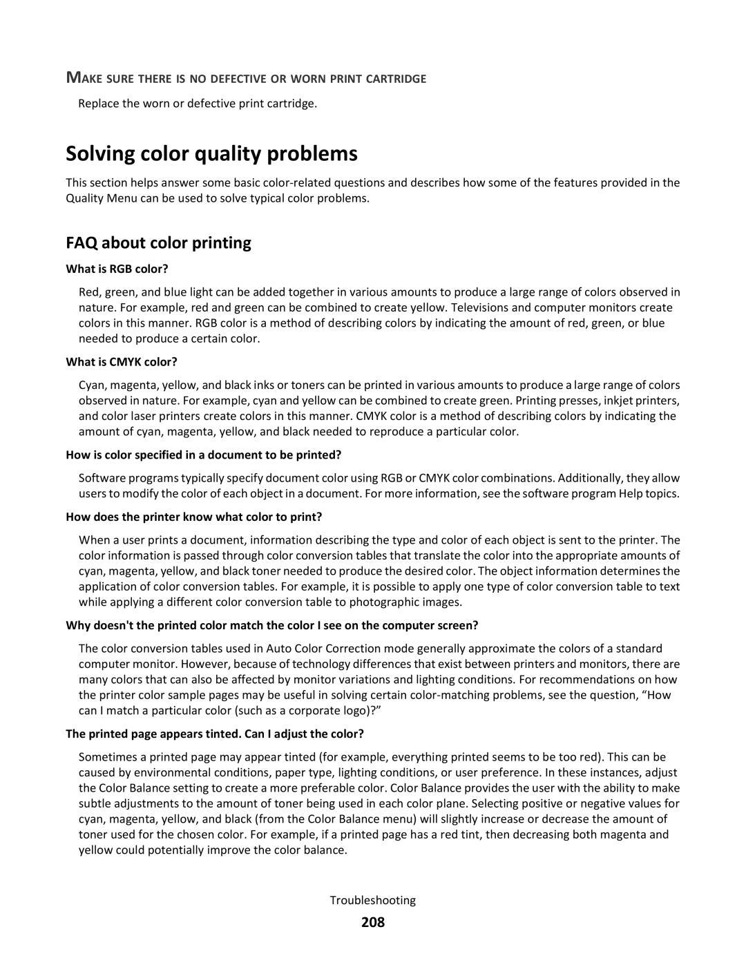 Lexmark C790 manual Solving color quality problems, FAQ about color printing, 208 