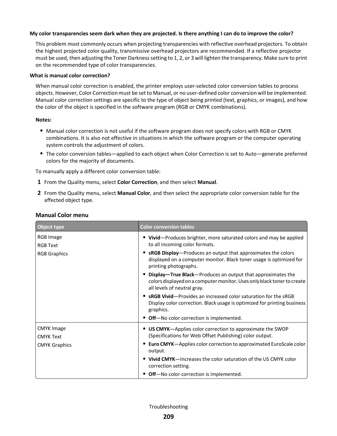 Lexmark C790 209, What is manual color correction? 