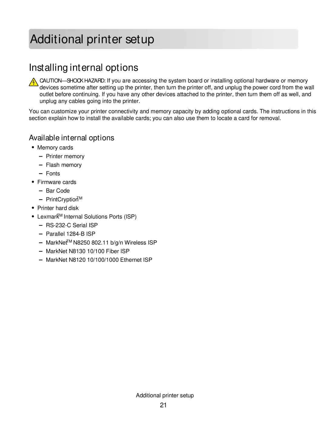 Lexmark C790 manual Additional printer setup, Installing internal options, Available internal options 