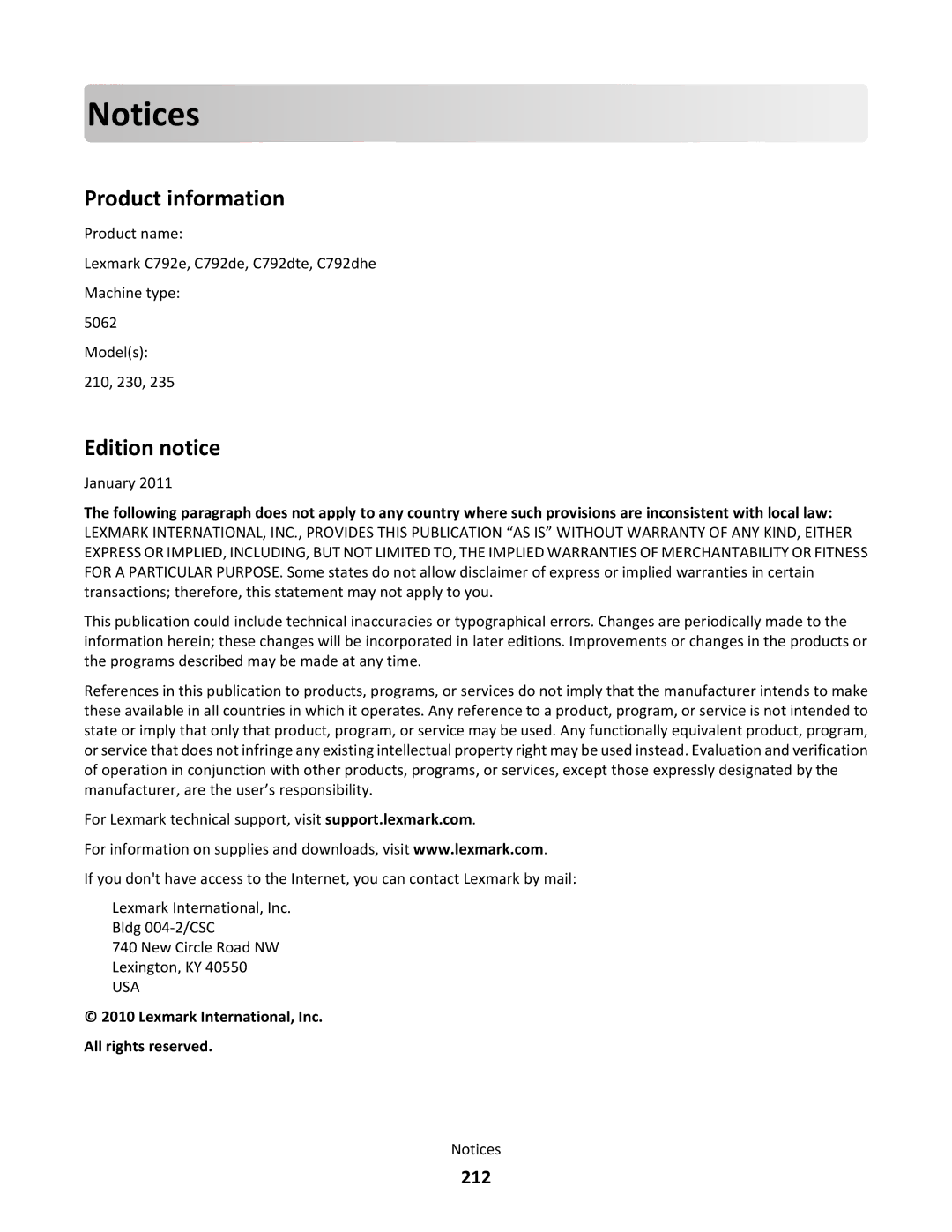 Lexmark C790 manual Product information, Edition notice, 212, Lexmark International, Inc All rights reserved 