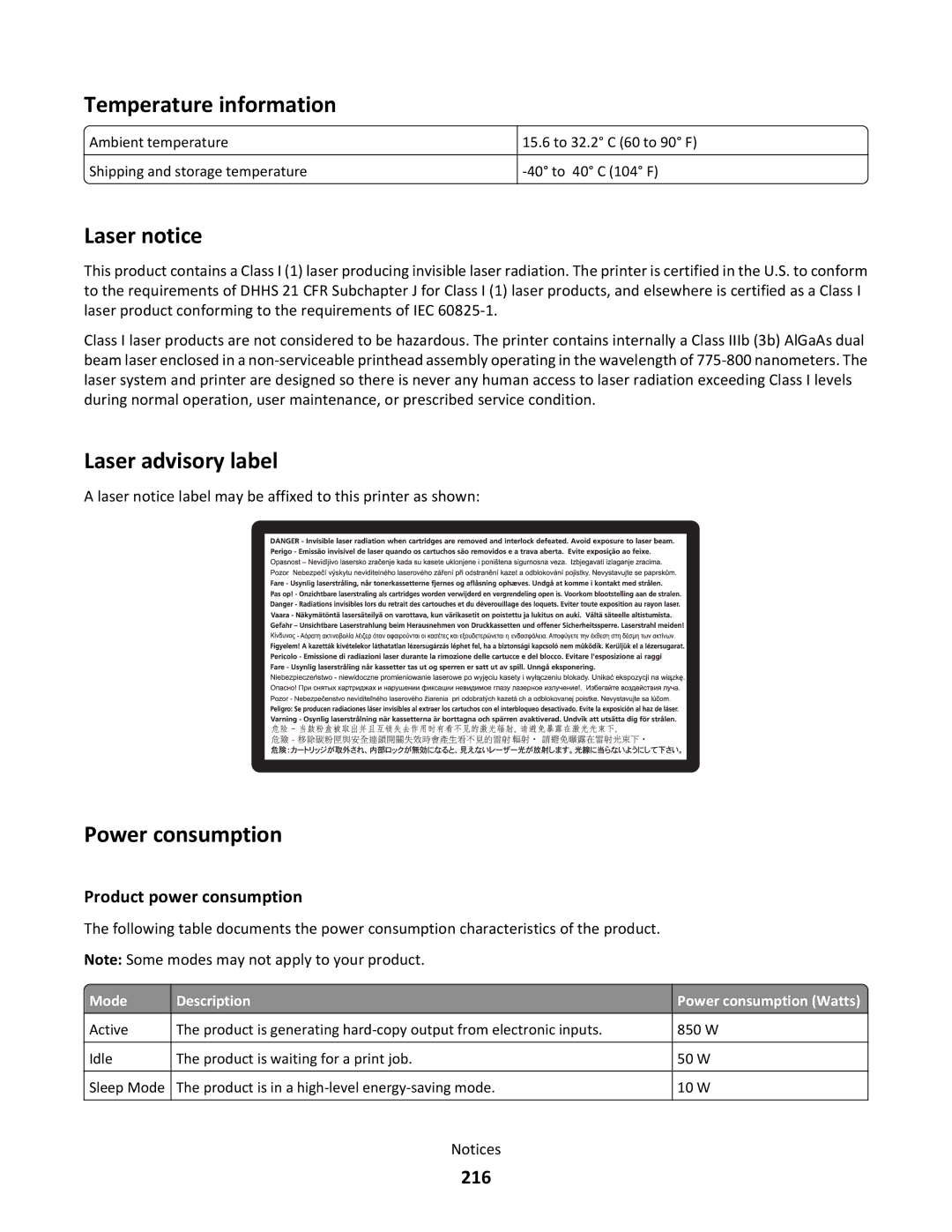 Lexmark C790 manual Temperature information, Laser notice, Laser advisory label, Power consumption, 216 